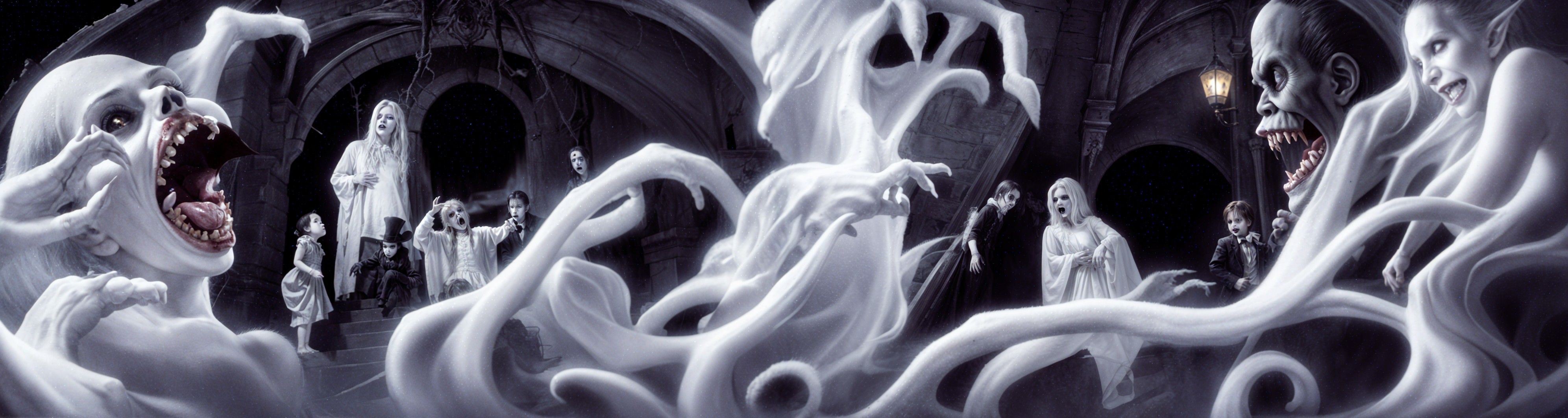 Ghostly Figures and Eerie Setting in Supernatural Scene