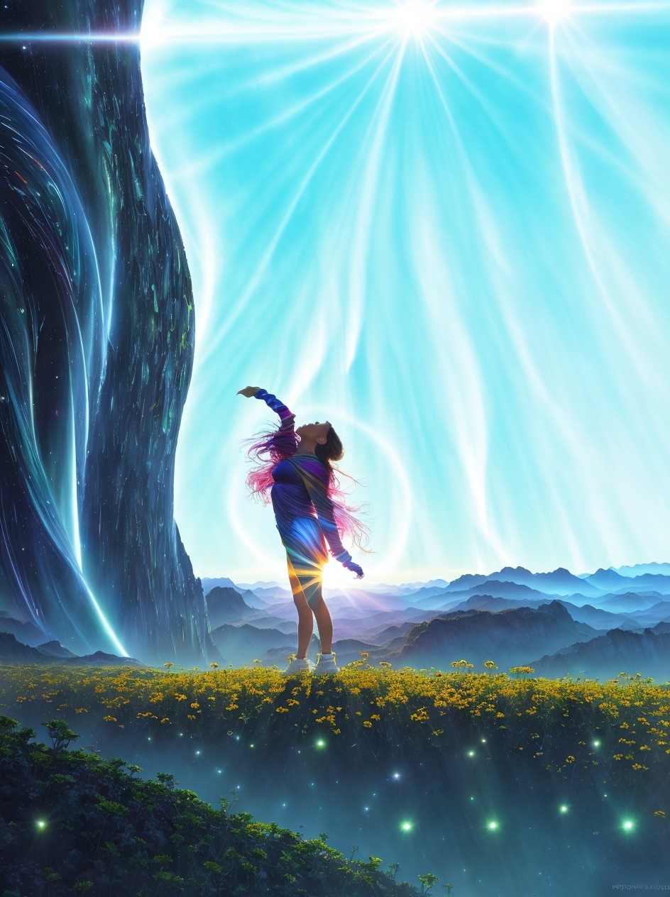 Person admiring aurora over yellow flower field