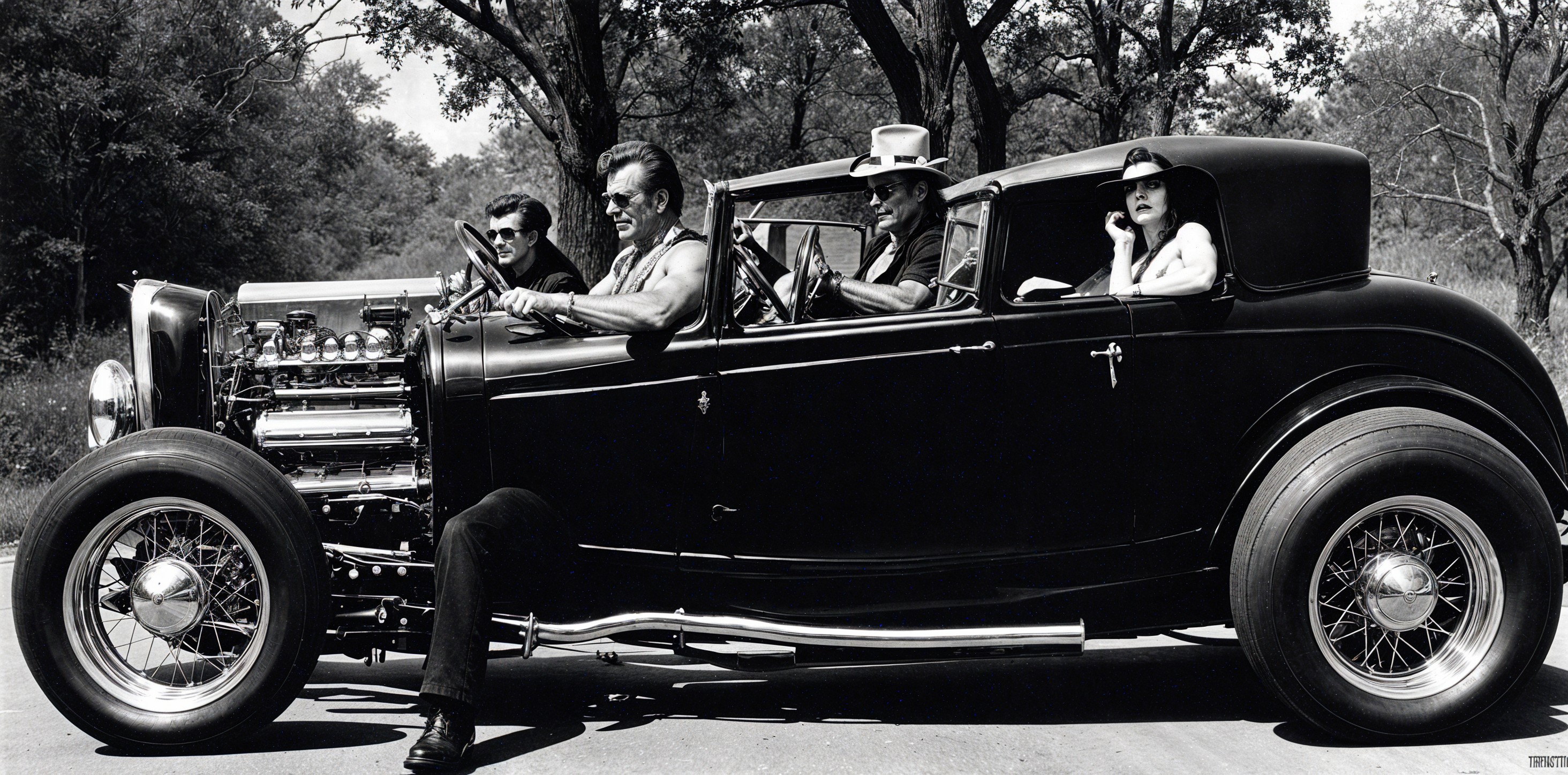 Sleek Black Hot Rod with Stylized Characters in Motion