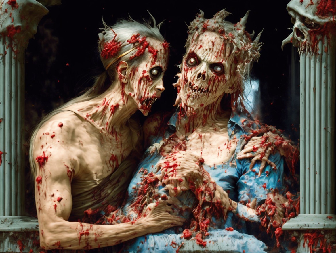 Grotesque Figures Embrace in Dark Dramatic Scene