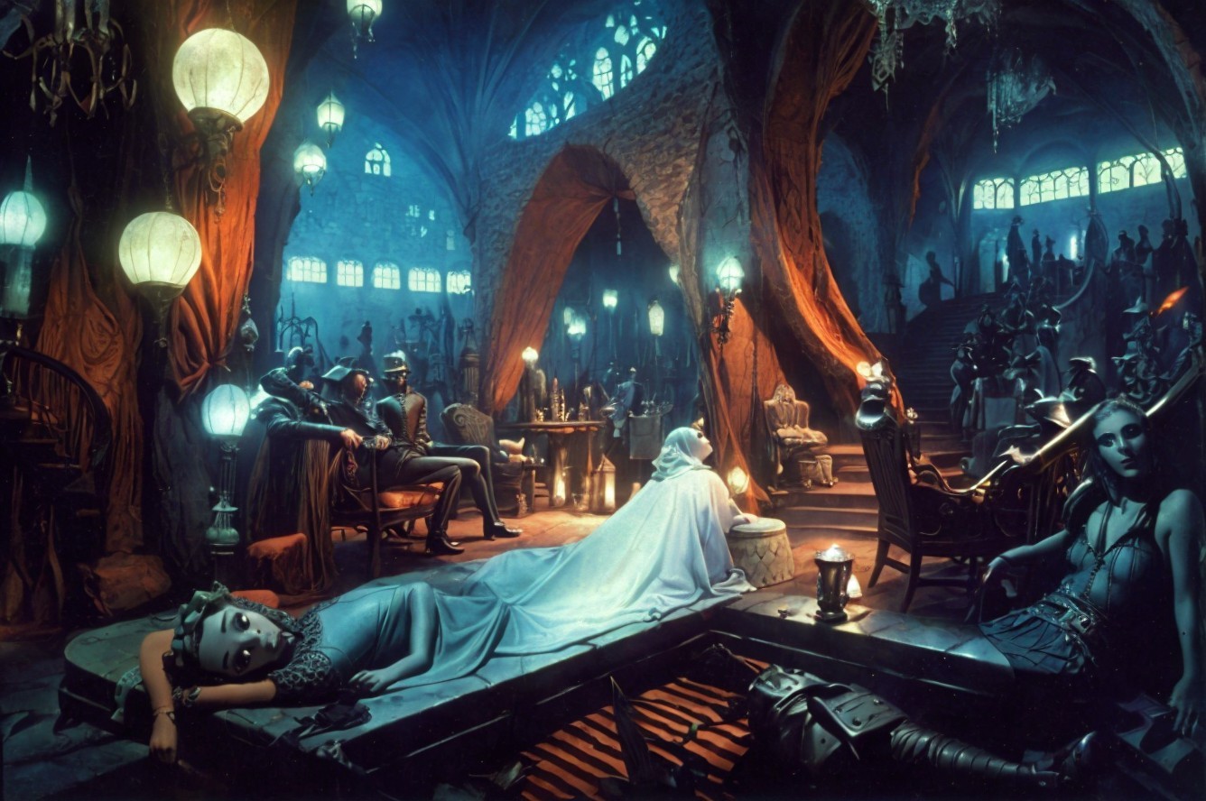 Gothic fantasy tavern with mystical creatures in dimly lit interior