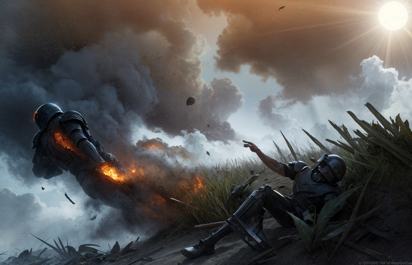 Futuristic soldiers in explosive battlefield scene