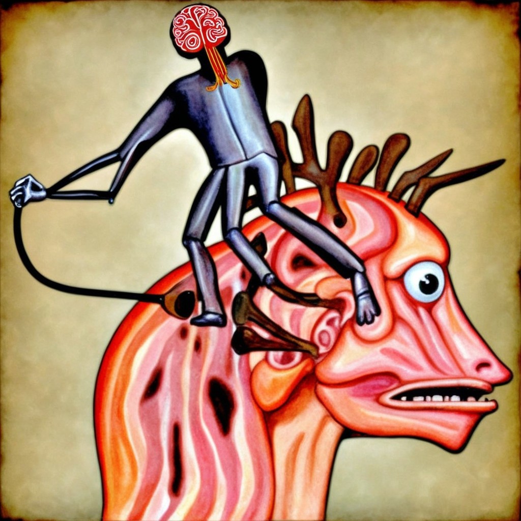 Surrealist oil painting of a robotic figure on a creature