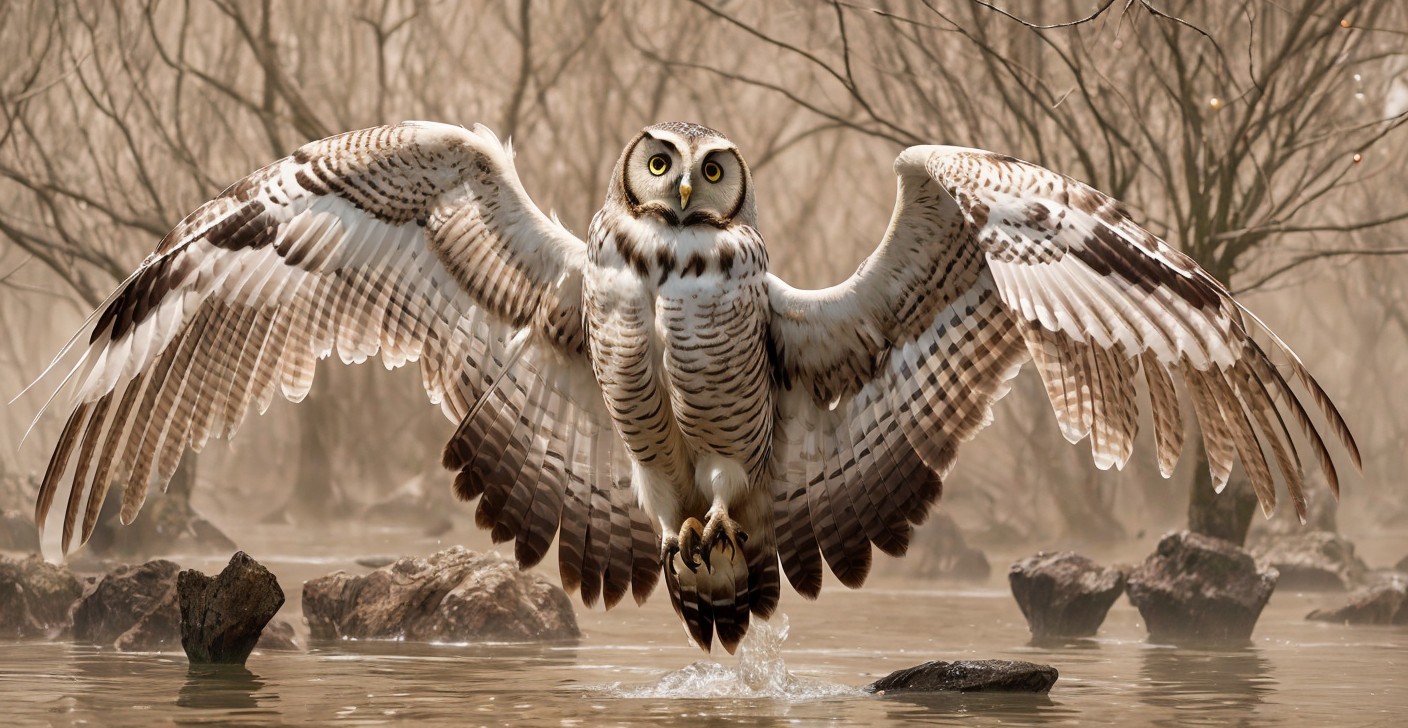 Majestic Owl in Flight Over Misty Landscape