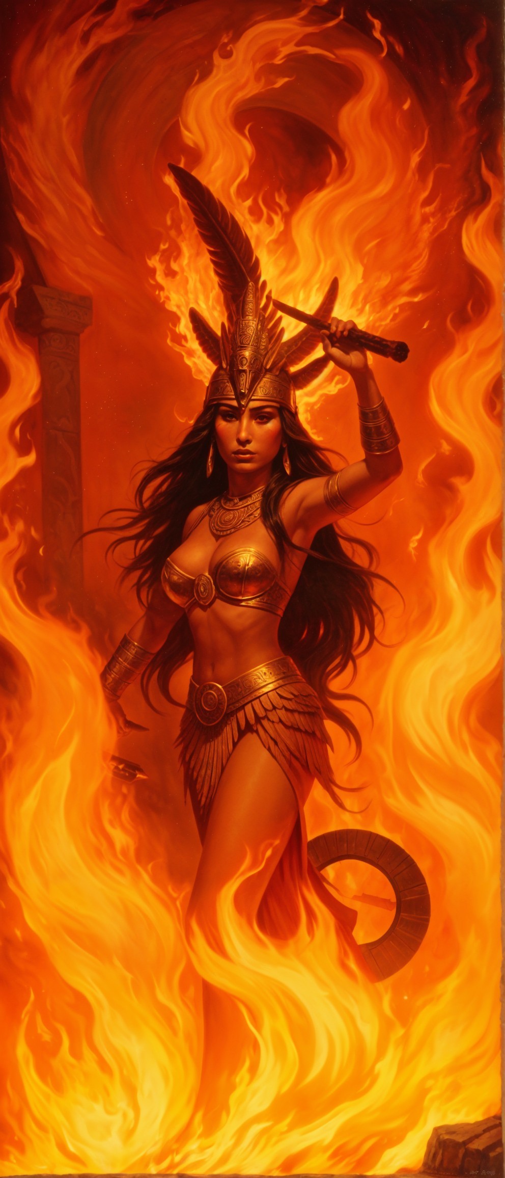 Fierce Warrior Woman in Golden Armor and Flames