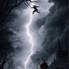 Lone Figure in Stormy Landscape with Lightning Bolt