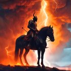 Fierce Warrior Woman on Black Horse Amidst Flames