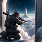 Dramatic statue of a horned figure with trident