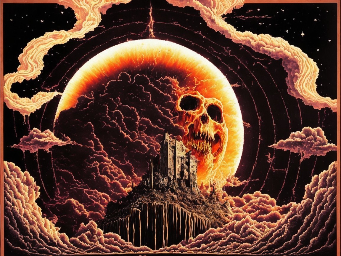 Crumbling Castle Under Fiery Moon and Dark Clouds