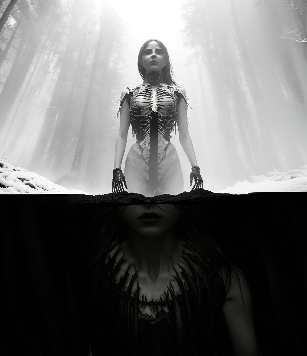 Mysterious woman in bone-like armor in ethereal forest with primal reflection