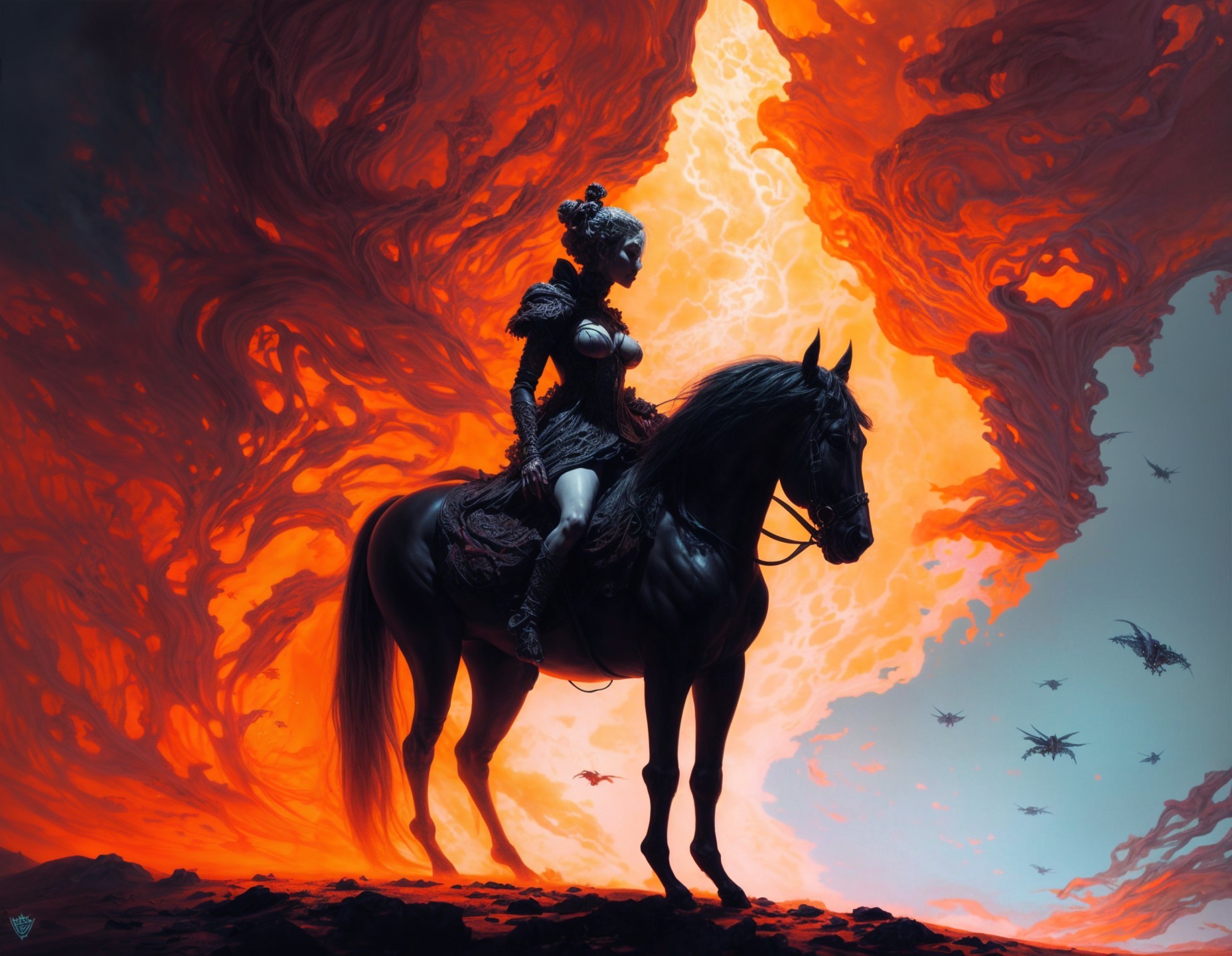 Fierce Warrior Woman on Black Horse Amidst Flames