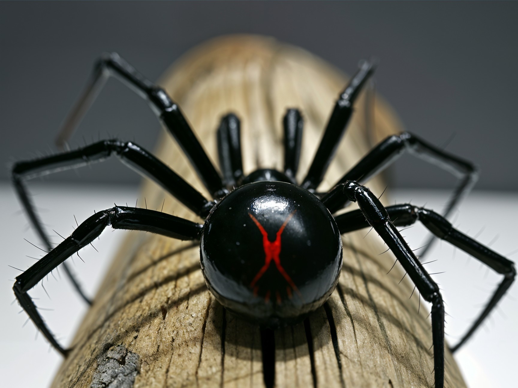 Close-Up of a Glossy Black Spider with Red Markings