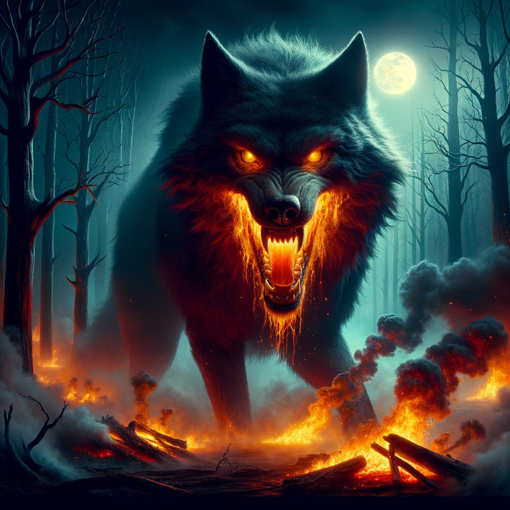 Colossal Wolf in Fiery Forest Under Ominous Moonlight