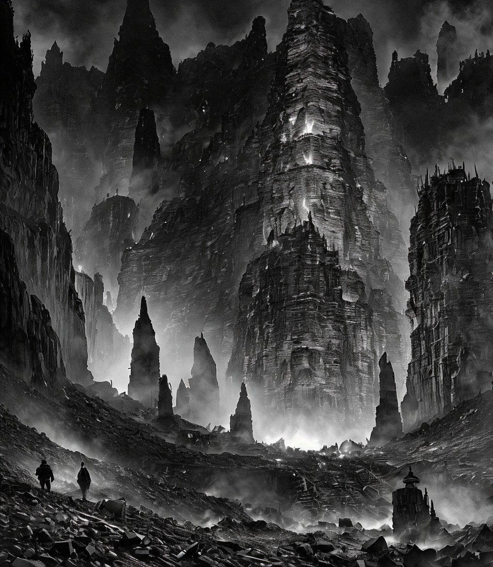 Monochrome fantasy landscape with towering rocky spires and mist