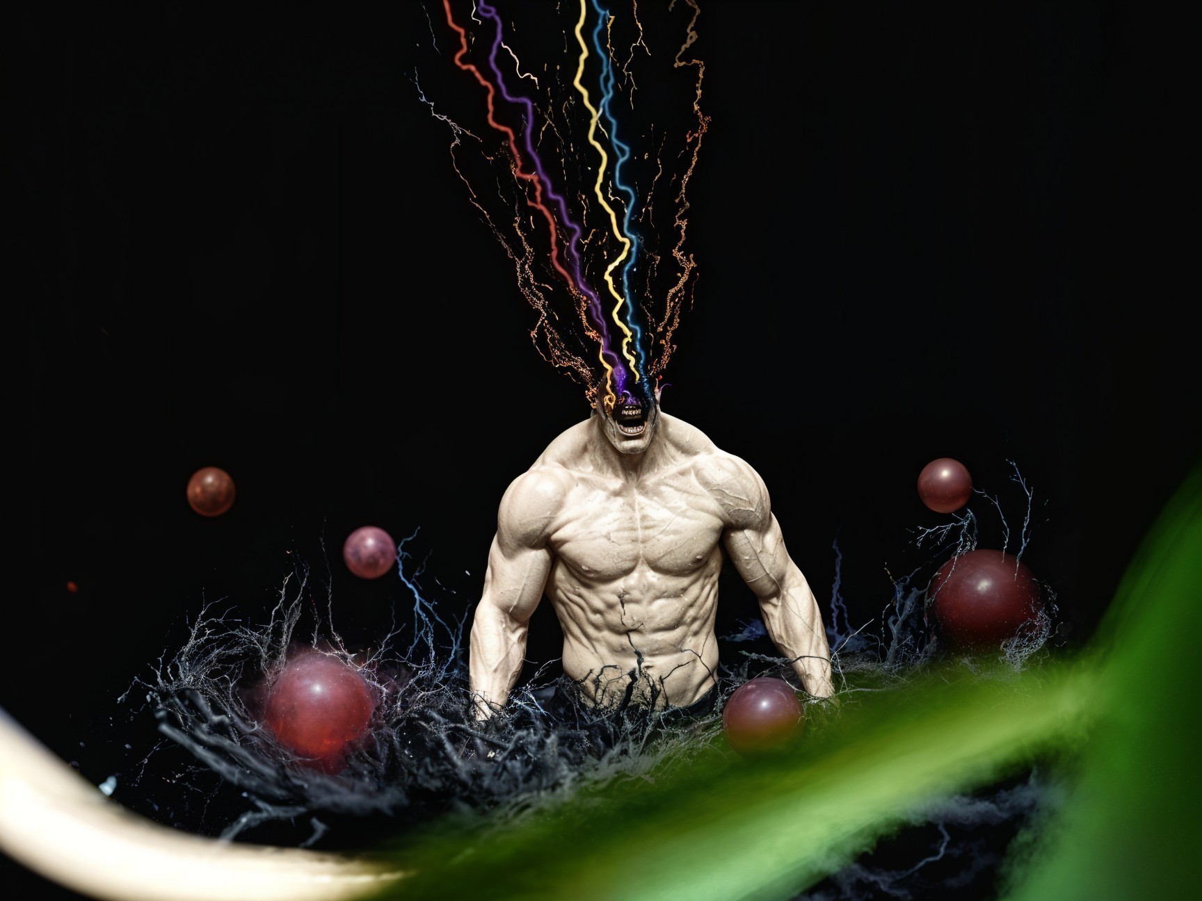 Muscular Figure in Surreal Setting with Lightning Bolts