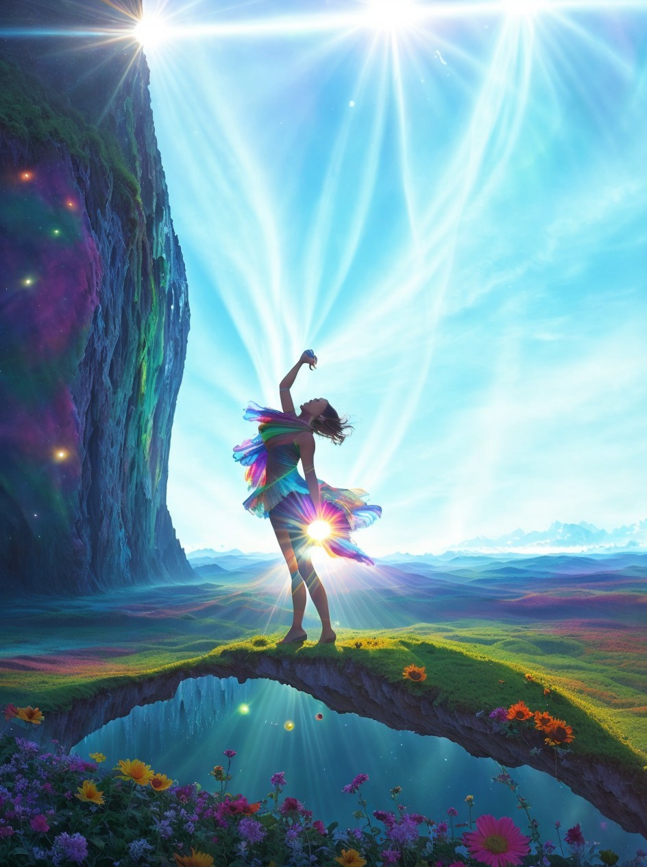 Colorful Girl Dancing with Radiant Wings on Grass Precipice