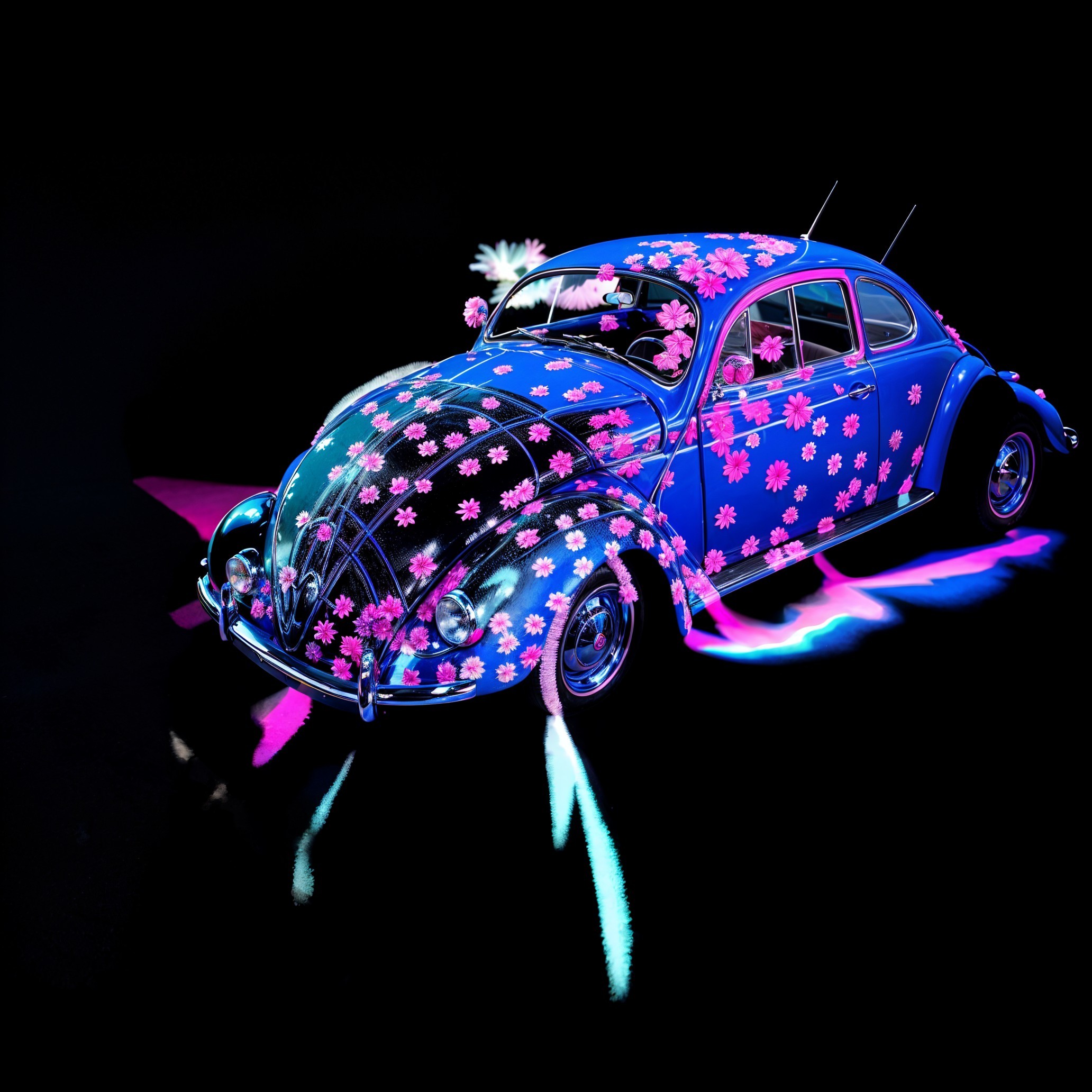 Vibrant Blue Vintage Car with Floral Patterns