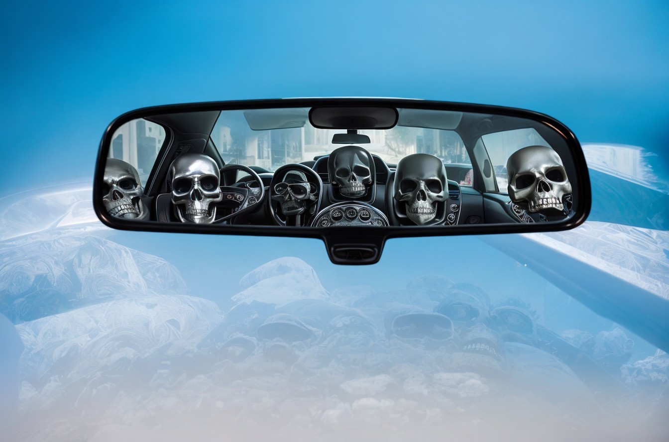 Surreal Scene of Metallic Skulls in Car Interior