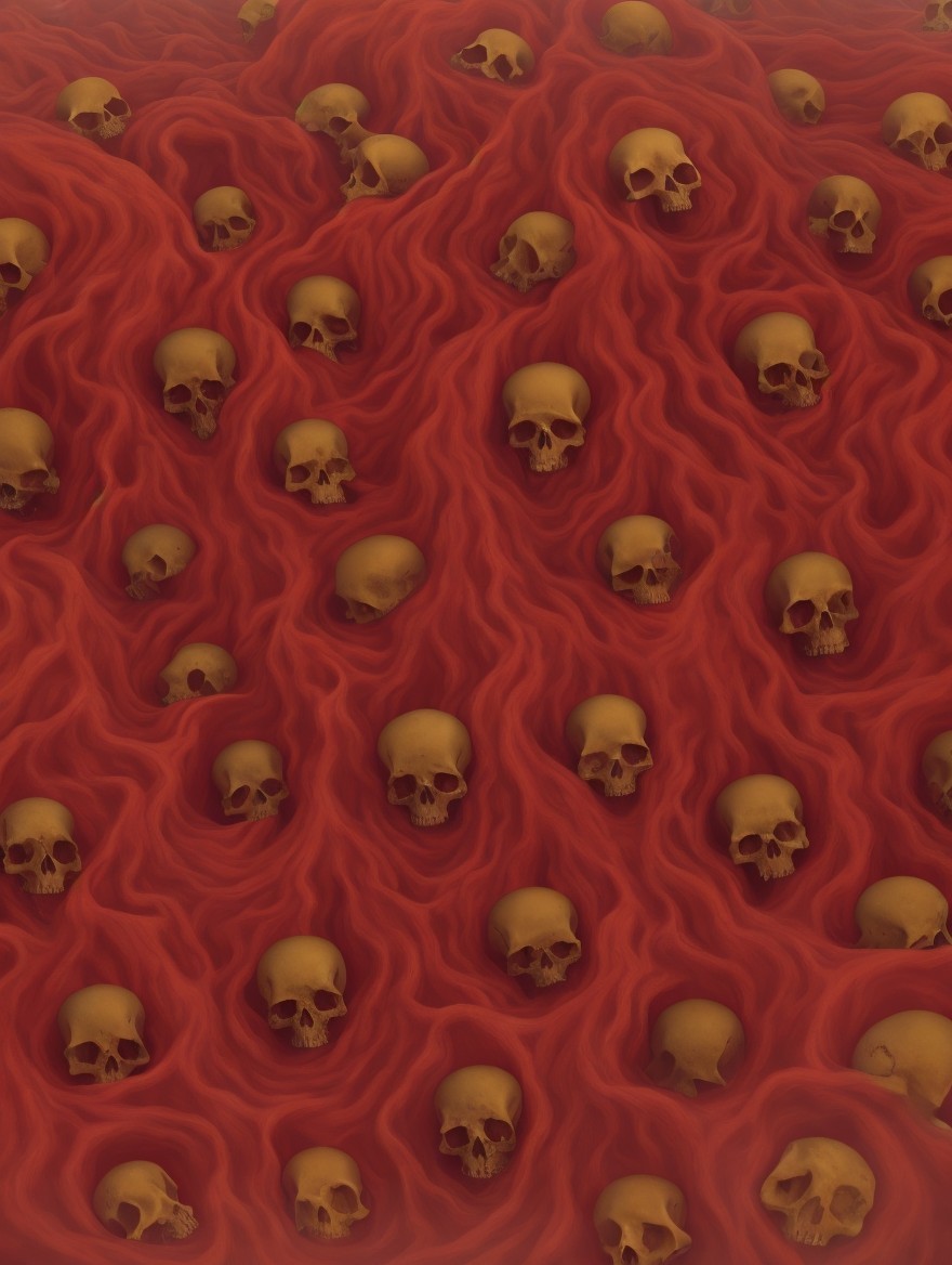 Golden Skulls in Swirling Pattern on Red Background