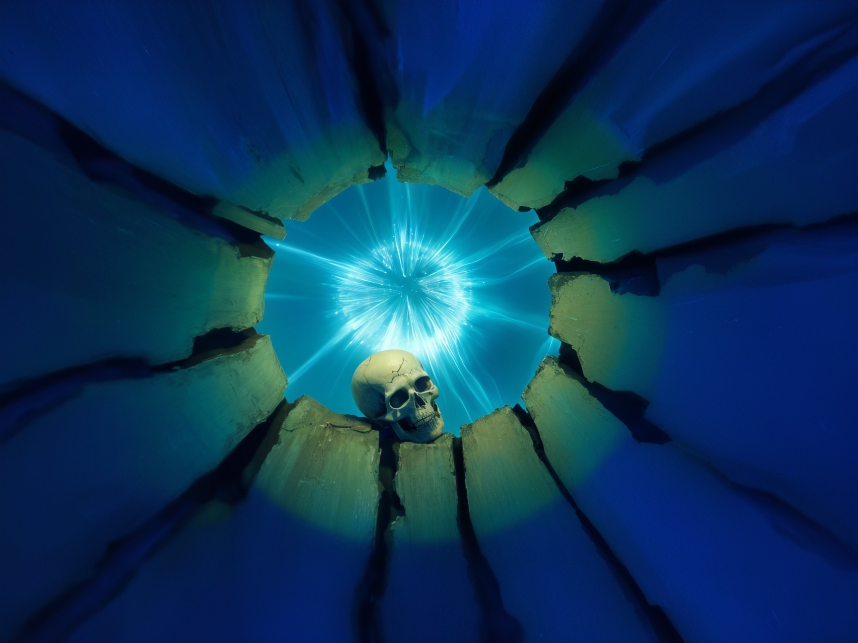 Underwater Scene with Human Skull and Blue Light