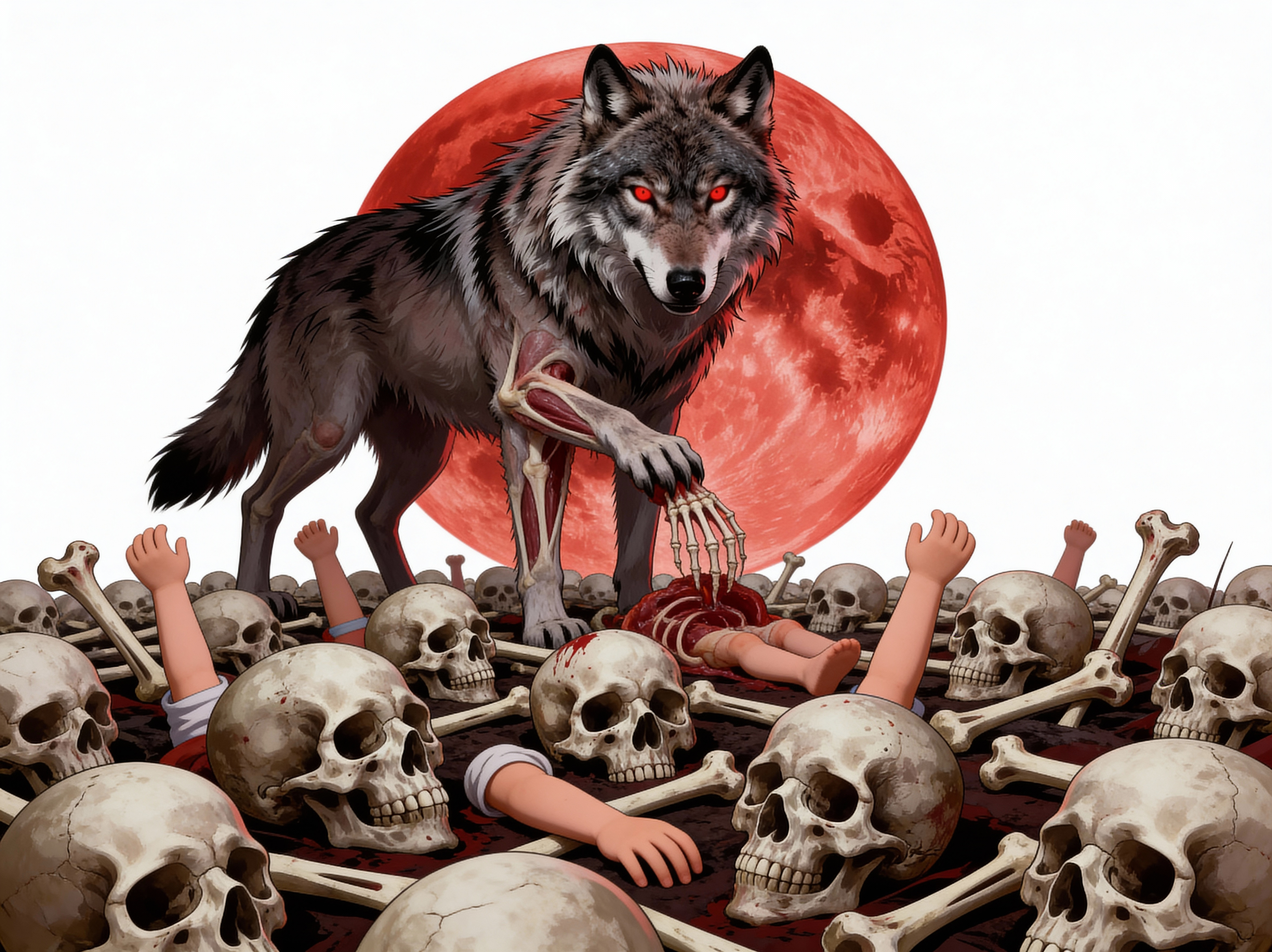 Demonic Wolf with Exposed Flesh and Human Remains