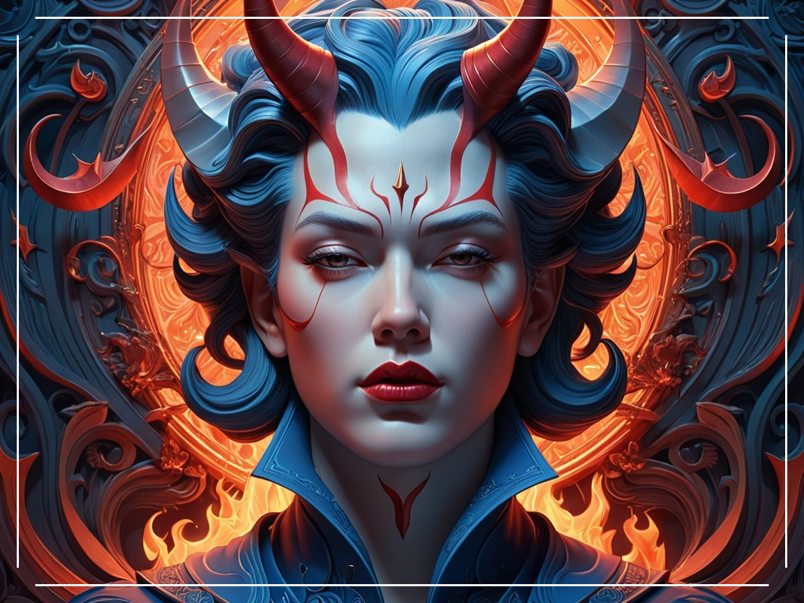 Mystical Figure with Blue Hair and Red Horns