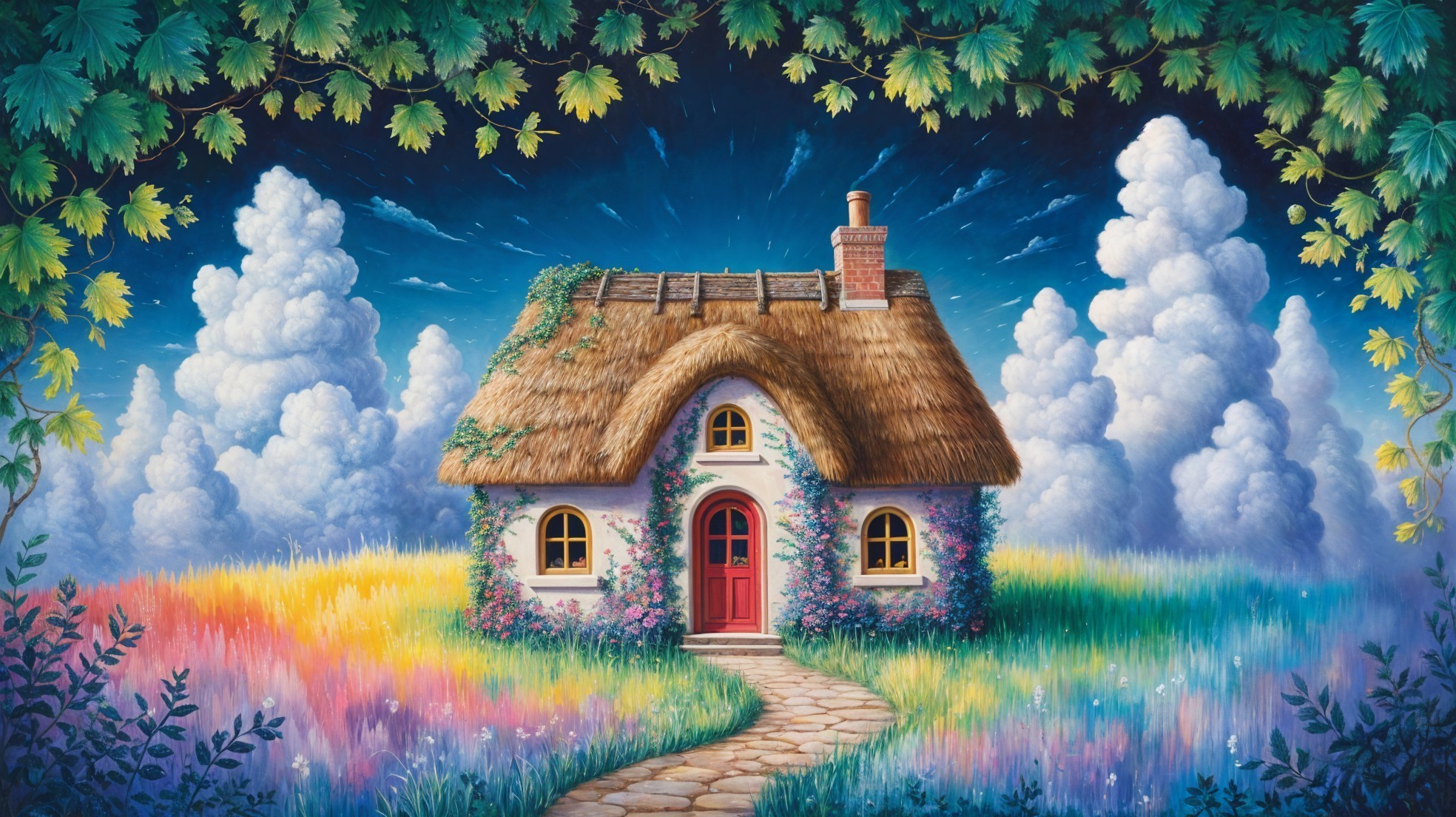 Quaint Cottage Surrounded by Colorful Flower Fields