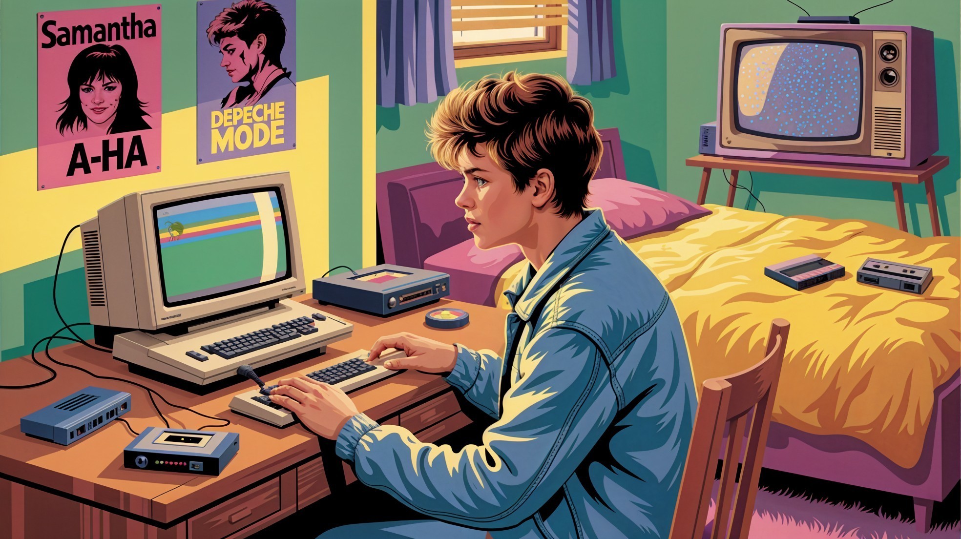 Retro Bedroom with Vintage Decor and Old Computer