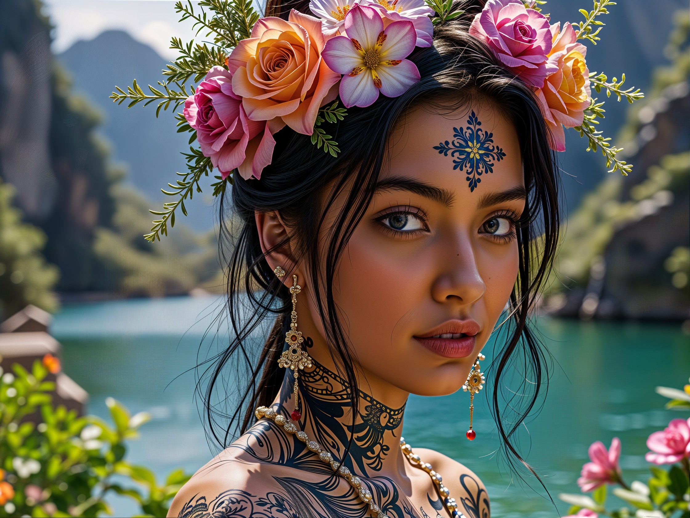 Young woman with tattoos in a vibrant landscape setting