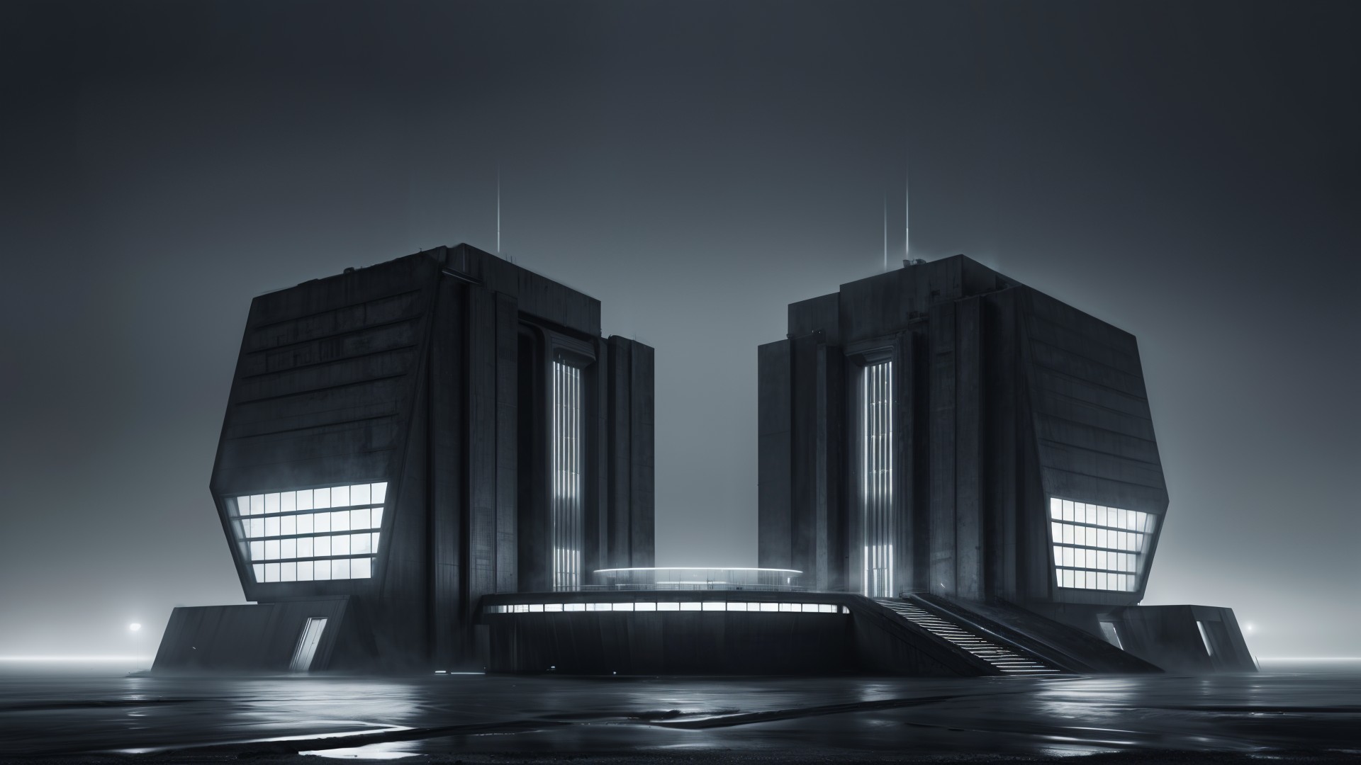 Modernist Concrete Structures in Ambient Lighting