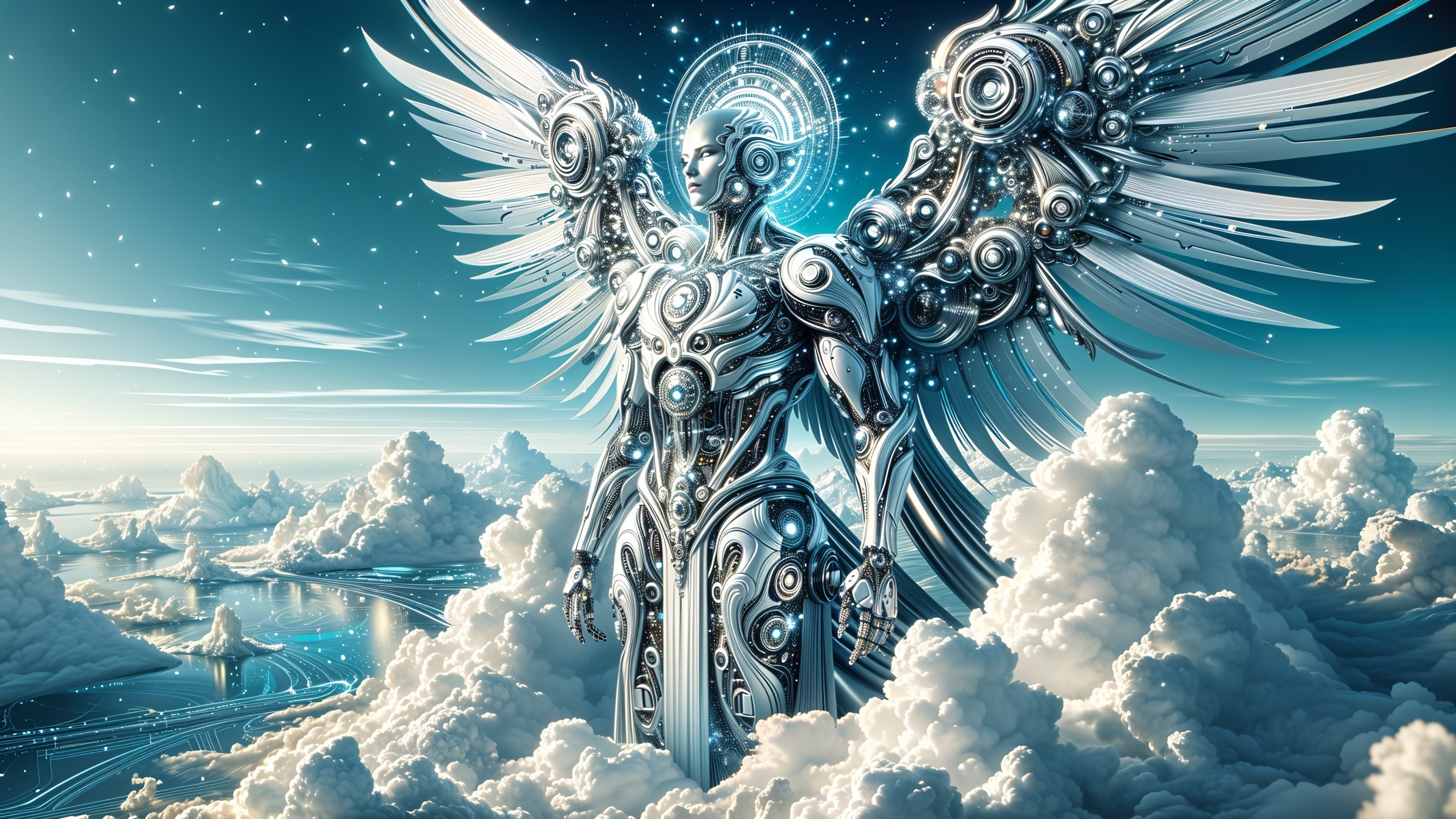 Majestic Robotic Figure with Ethereal Wings in Clouds