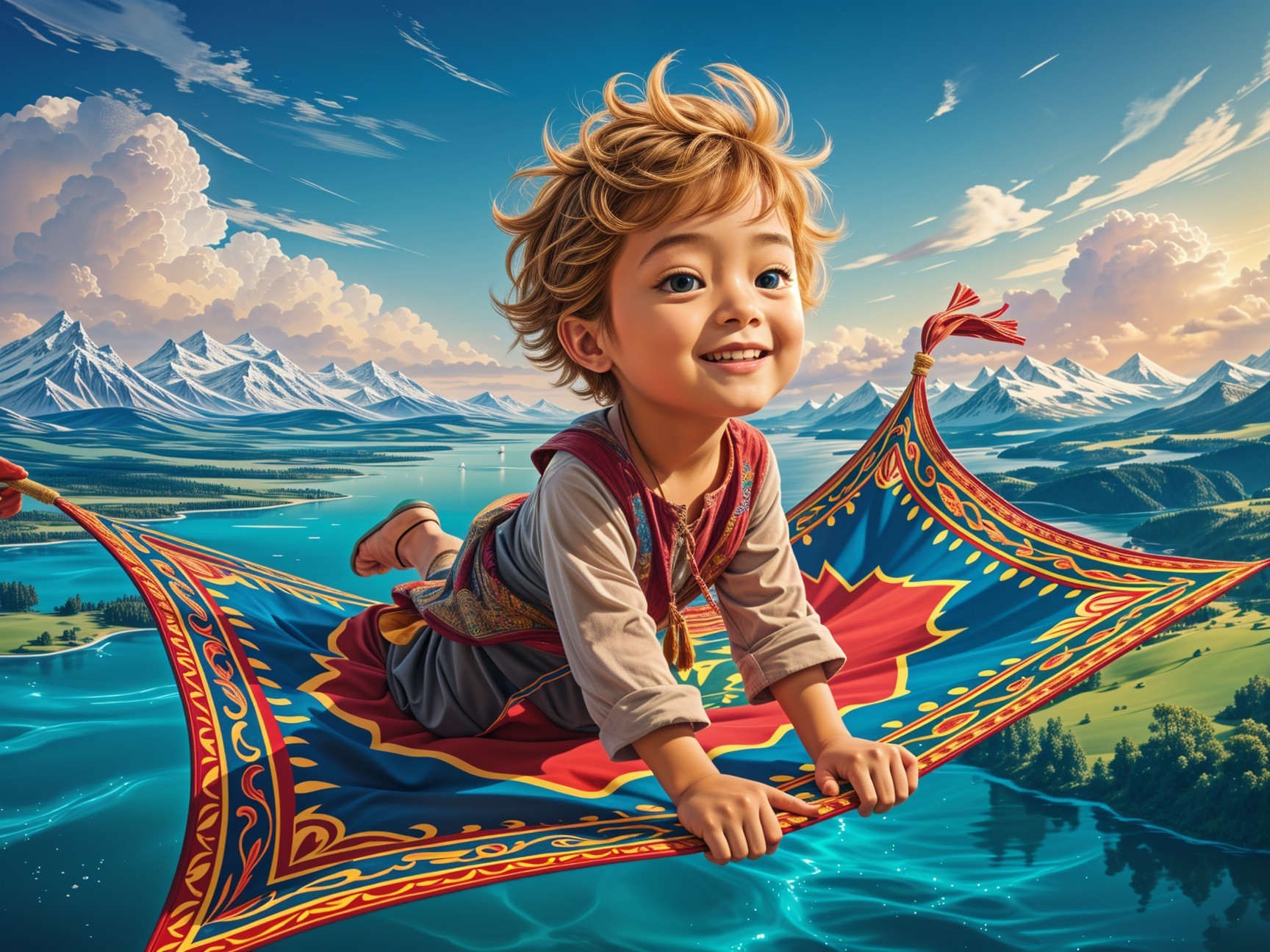 Child on a patterned magic carpet over blue waters and mountains