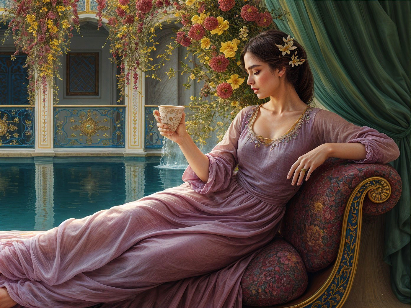 Elegant Woman in Lavender Dress by Tranquil Pool