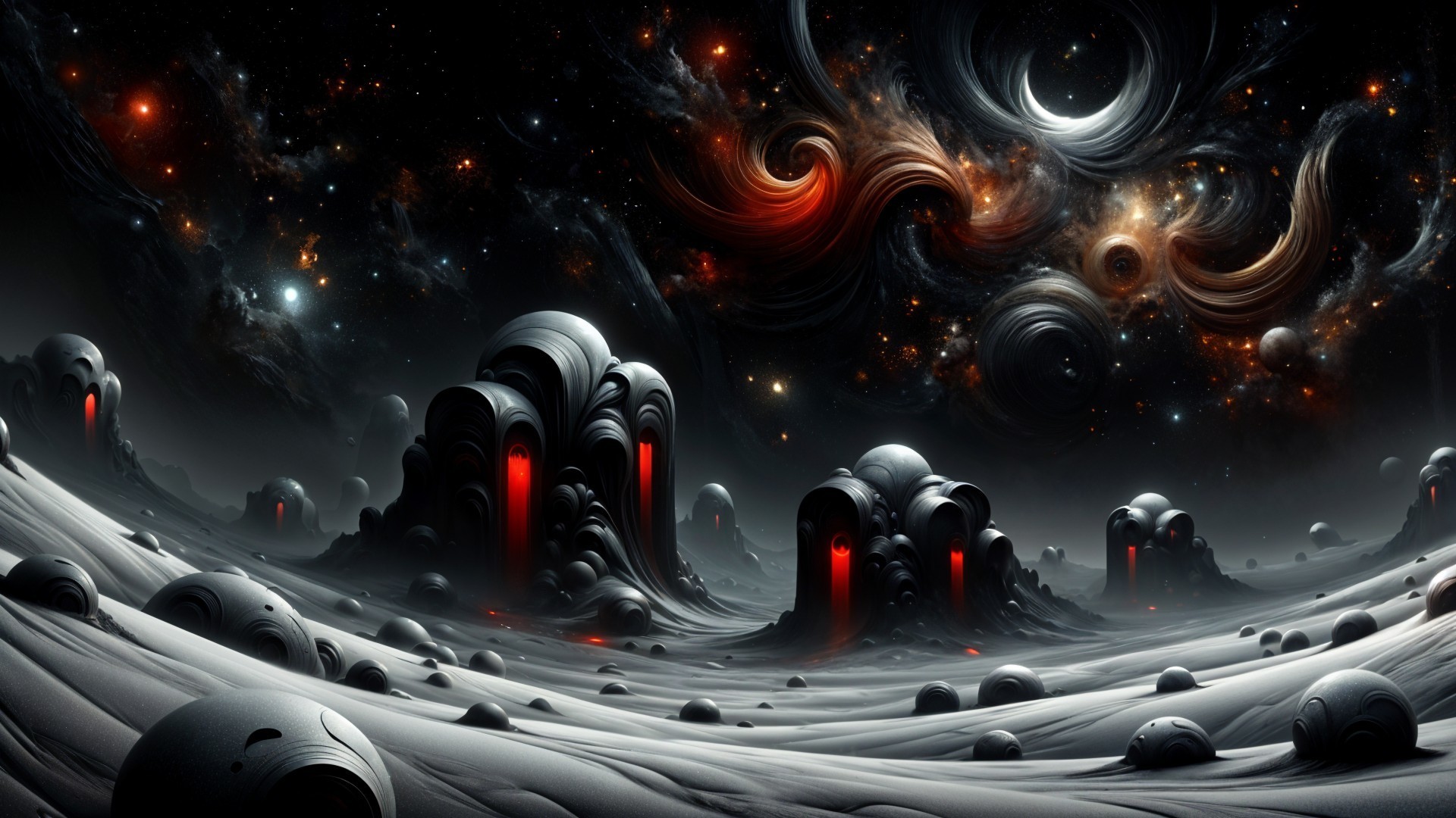 Surreal Cosmic Landscape with Alien Structures and Stars