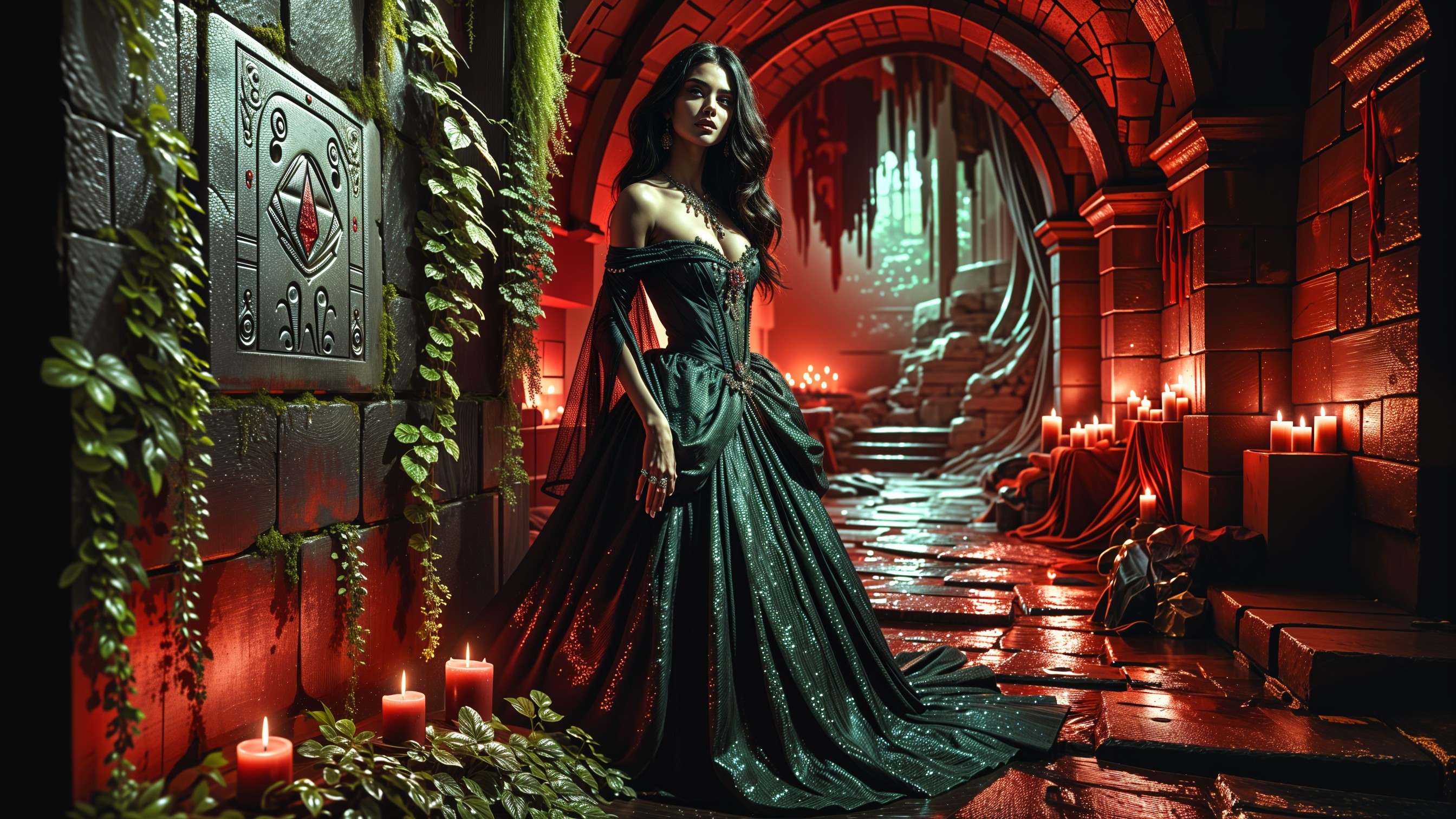 Gothic Chamber with Woman in Dark Green Gown