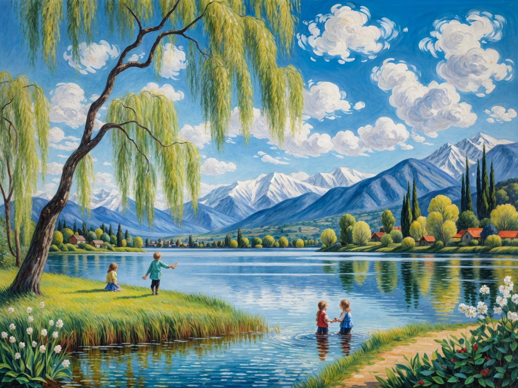 Vibrant Landscape of Children Playing by a Lake