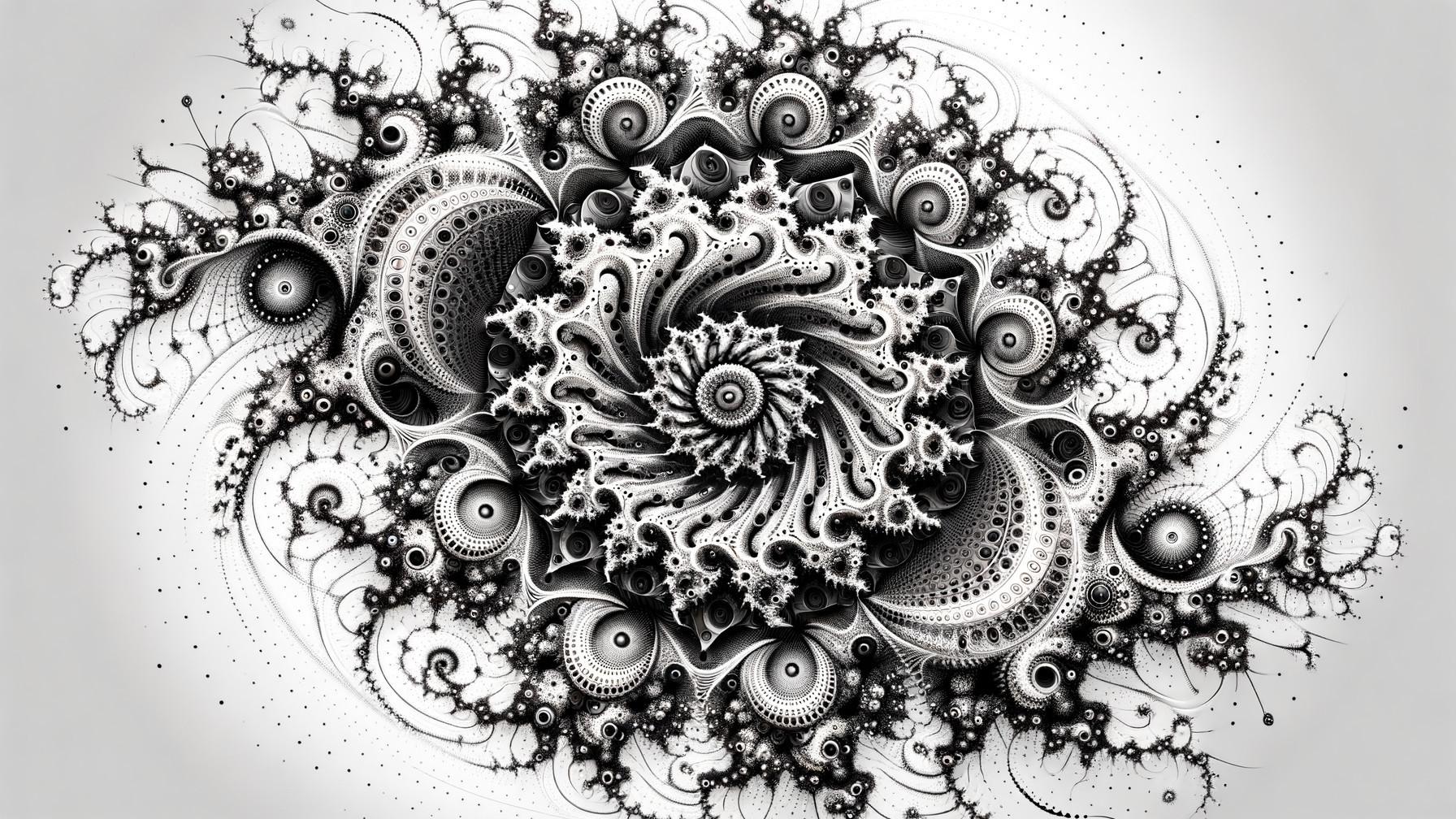 Intricate Black-and-White Fractal Spiral Design