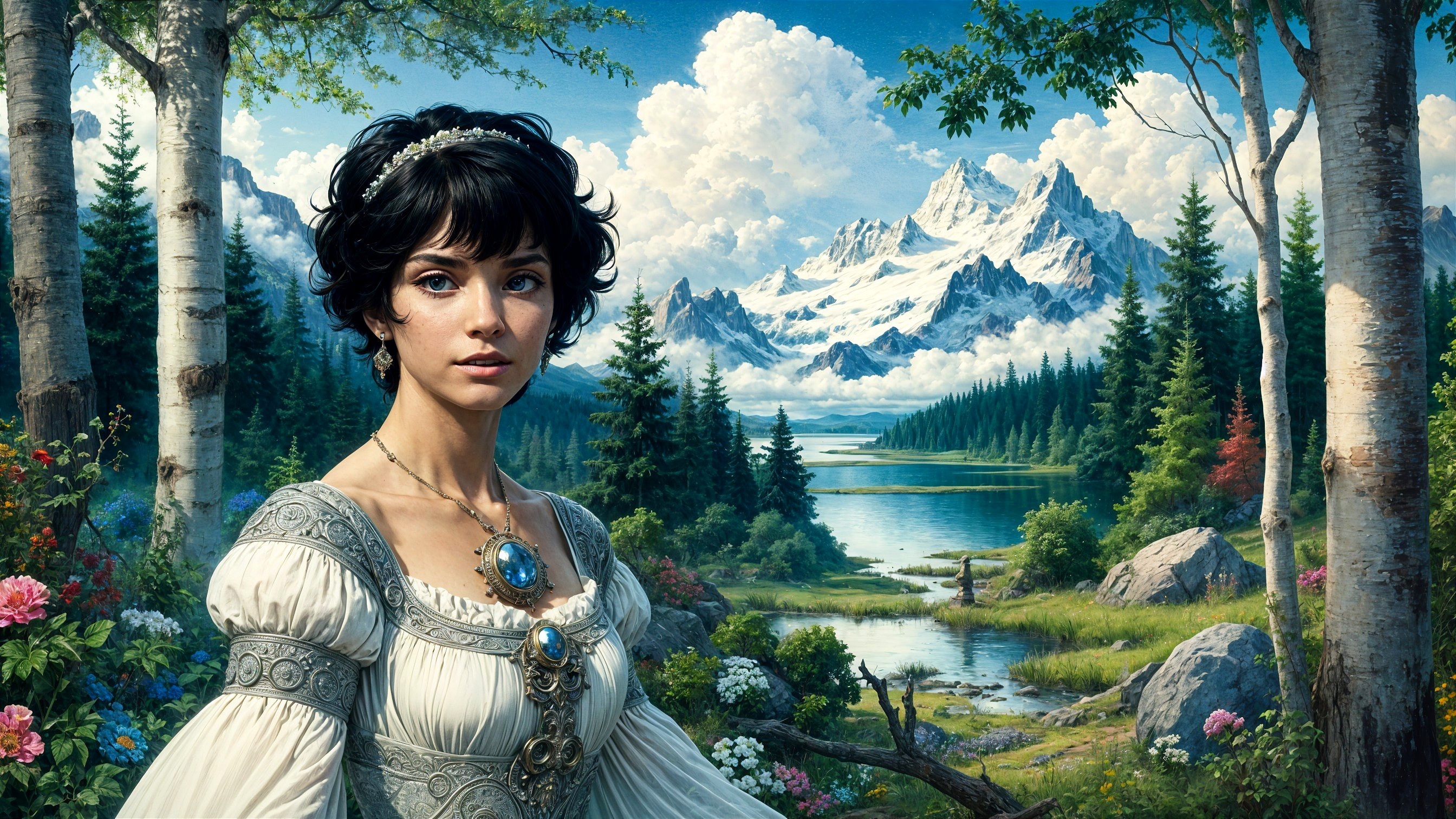 Young Woman in Historical Dress in Scenic Landscape