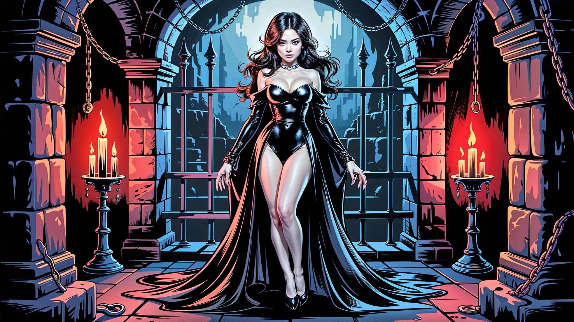 Gothic Interior with Candlelit Figure in Leather Outfit