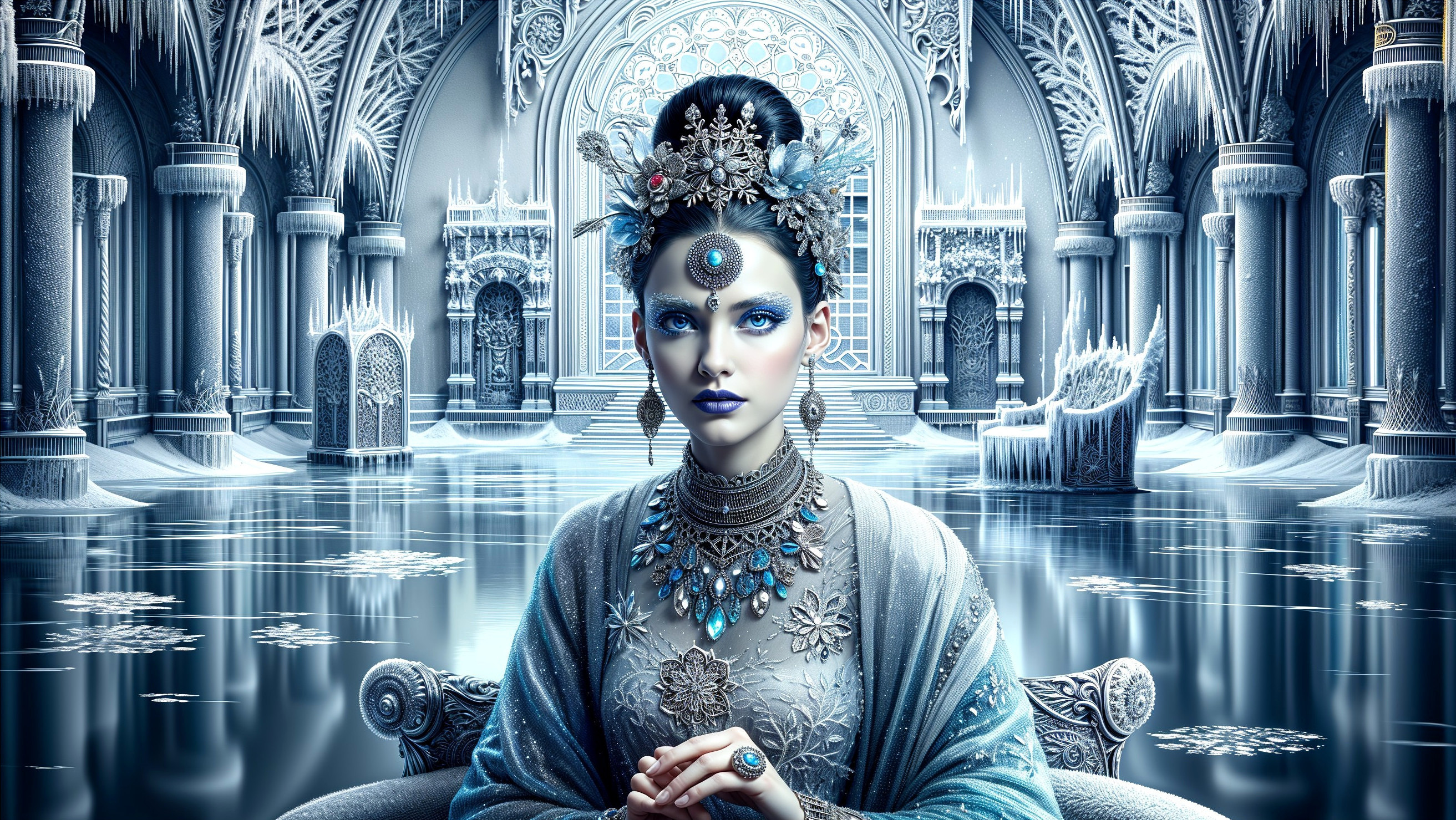 Regal Figure in Ice-Blue Garments in Icy Palace