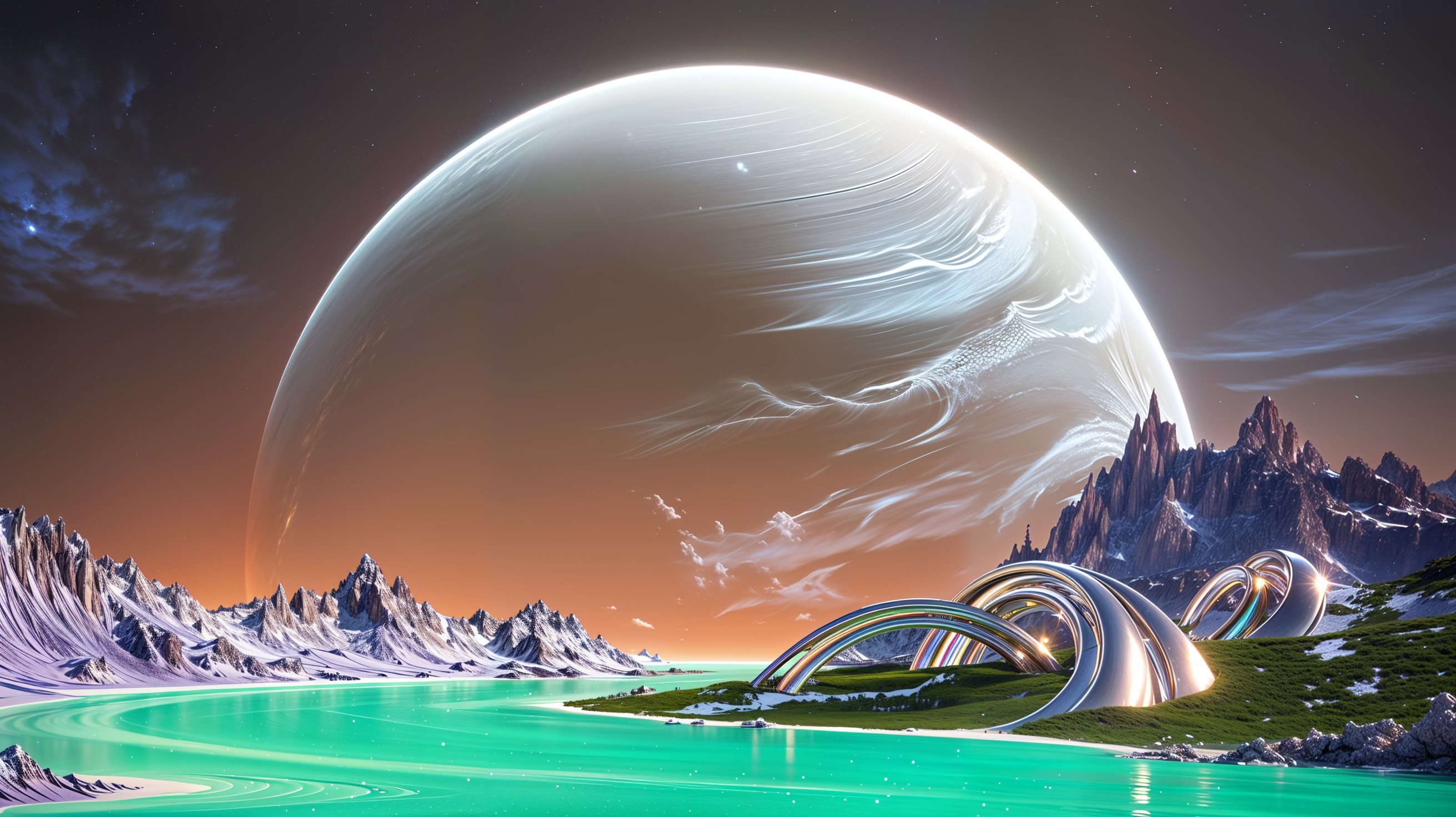 Surreal Alien Landscape with Turquoise Water and Mountains