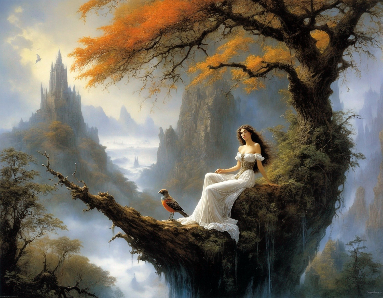 Serene Woman in White Dress Amidst Autumn Landscape