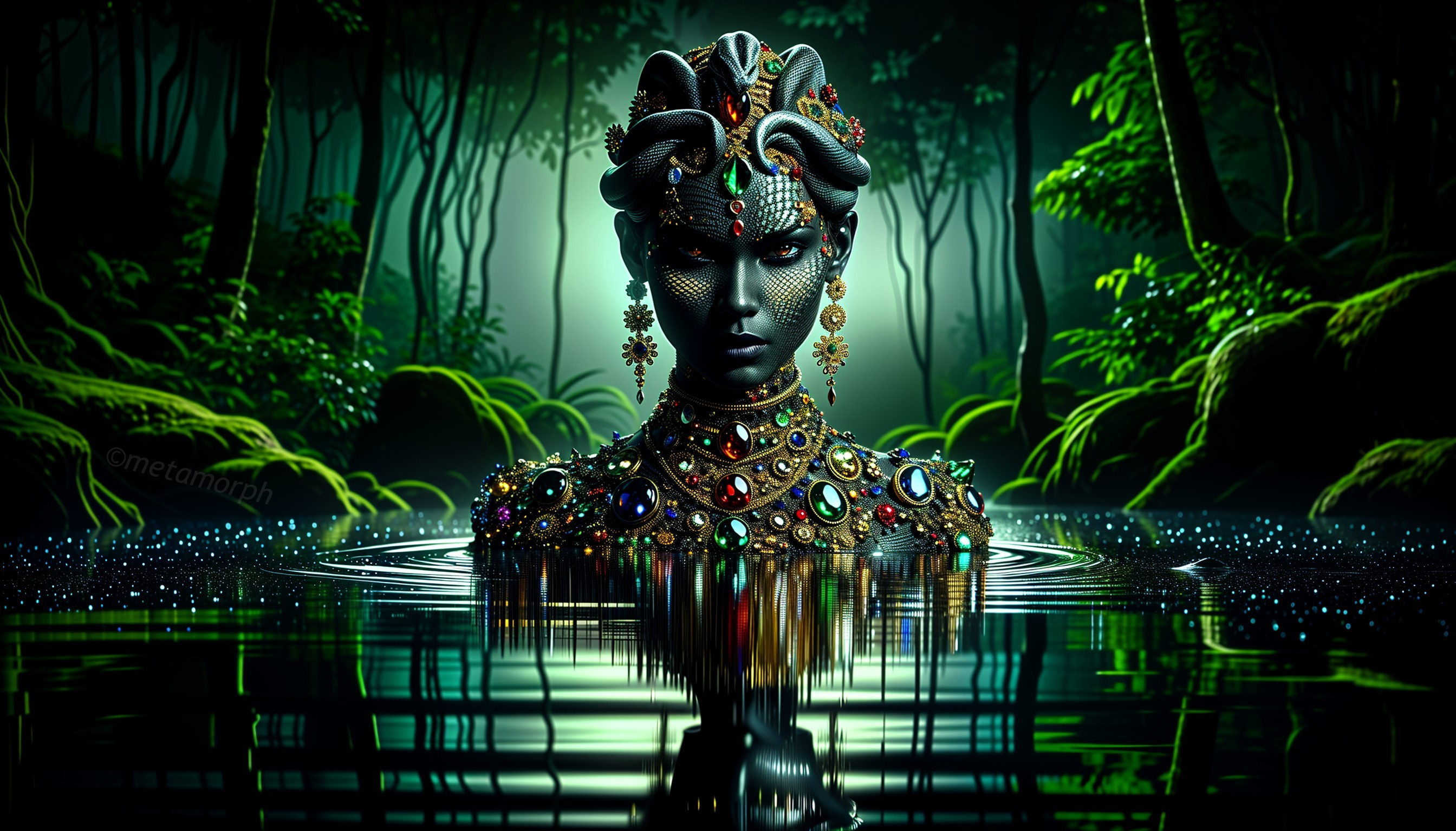Enigmatic Figure in Lush Forest with Reflective Water