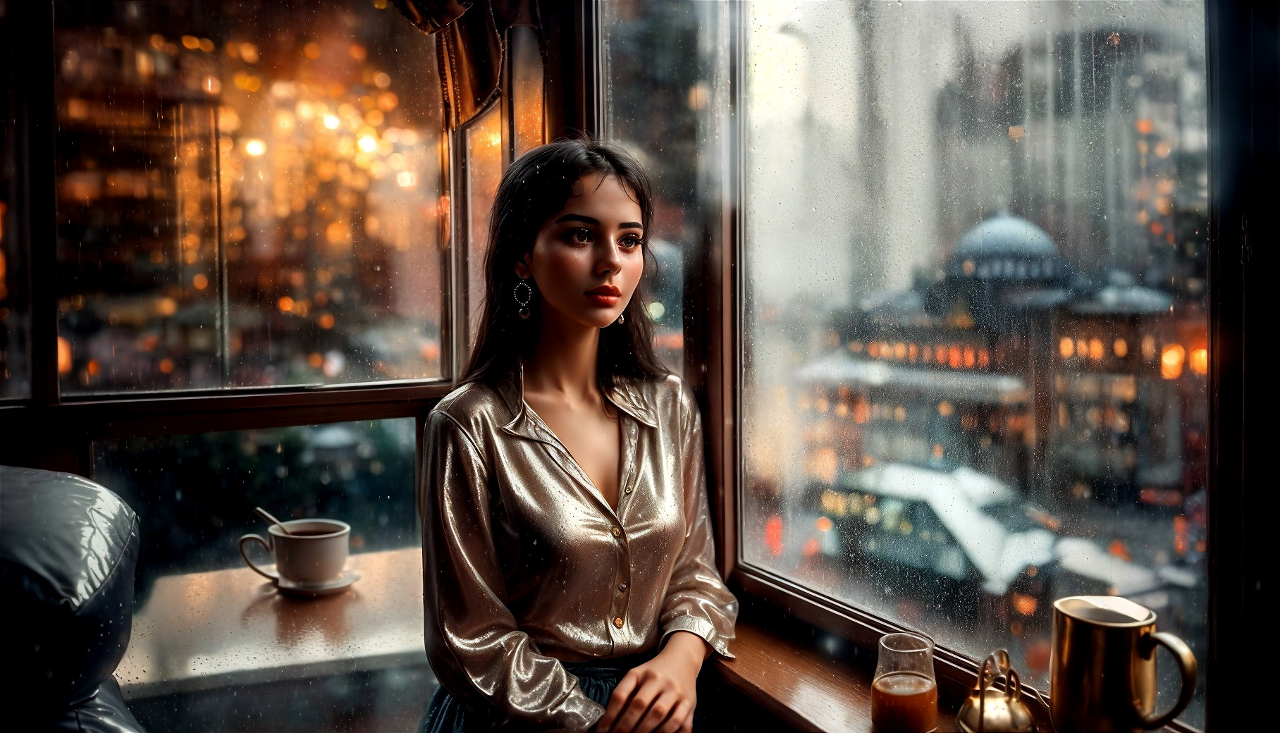Young Woman Gazing Through Rain-Streaked Window