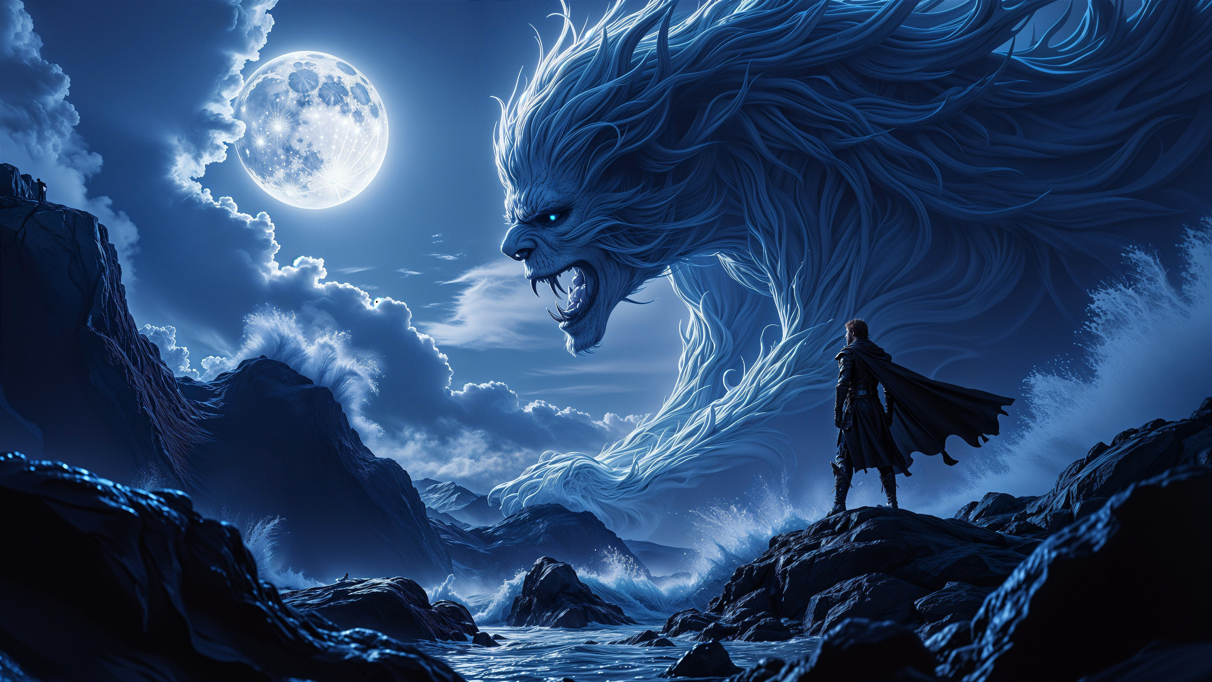 Ethereal Lion and Figure in Moonlit Ocean Scene
