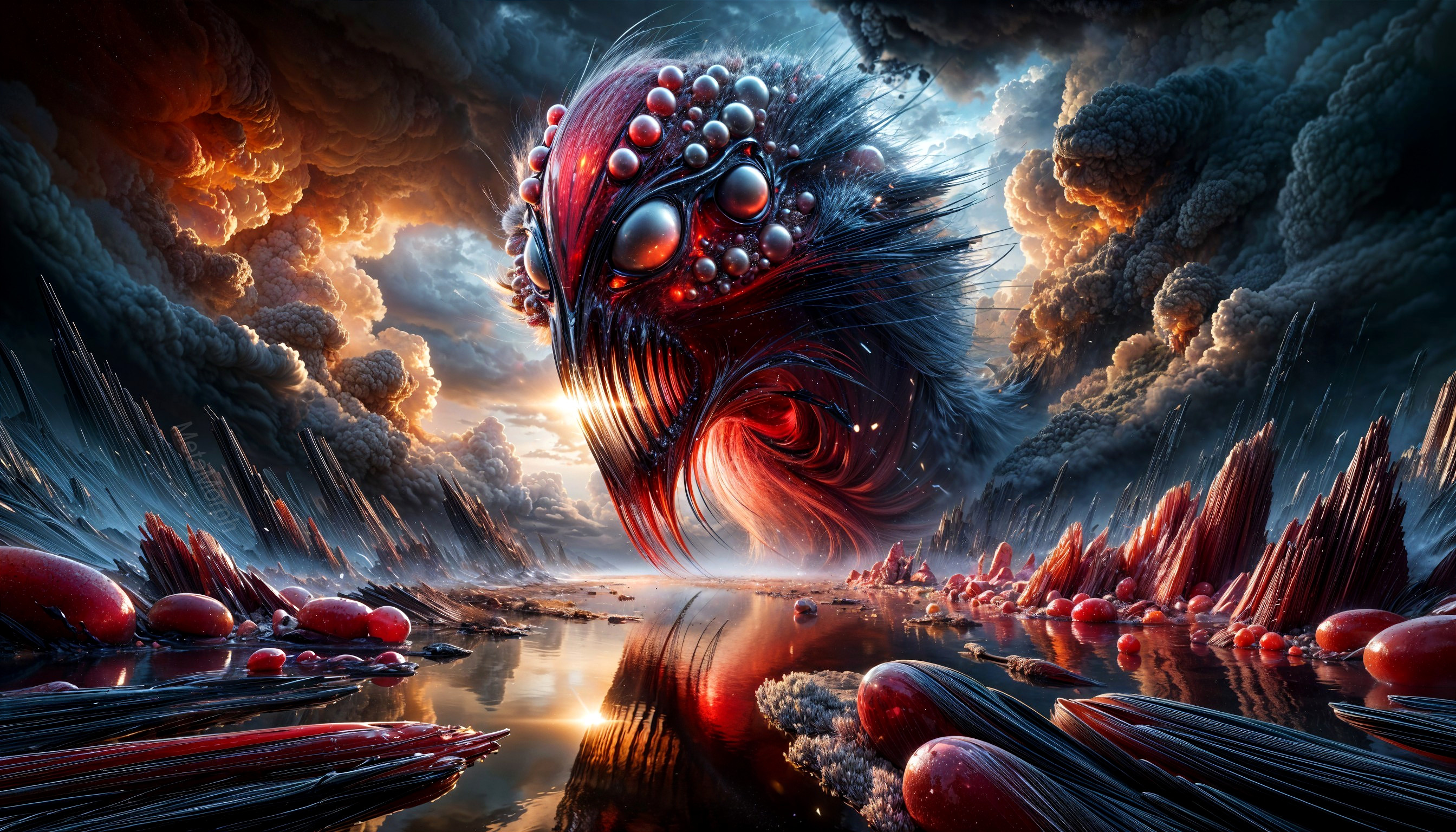 Surreal Landscape with Colossal Creature and Reflective Water