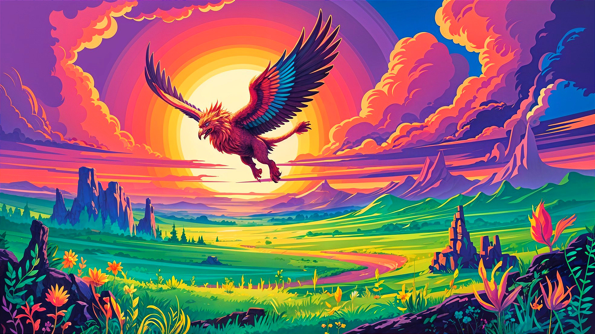Vibrant Fantastical Landscape with Majestic Creature