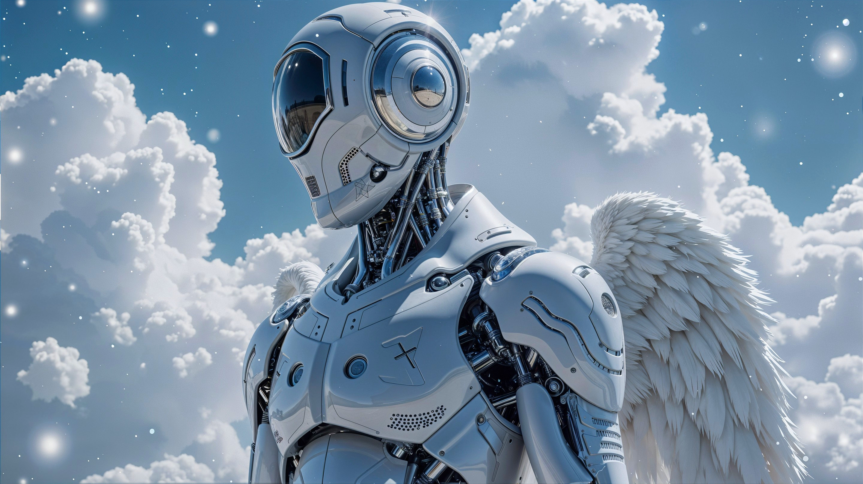 Futuristic Robot with Wings Against Cloudy Sky