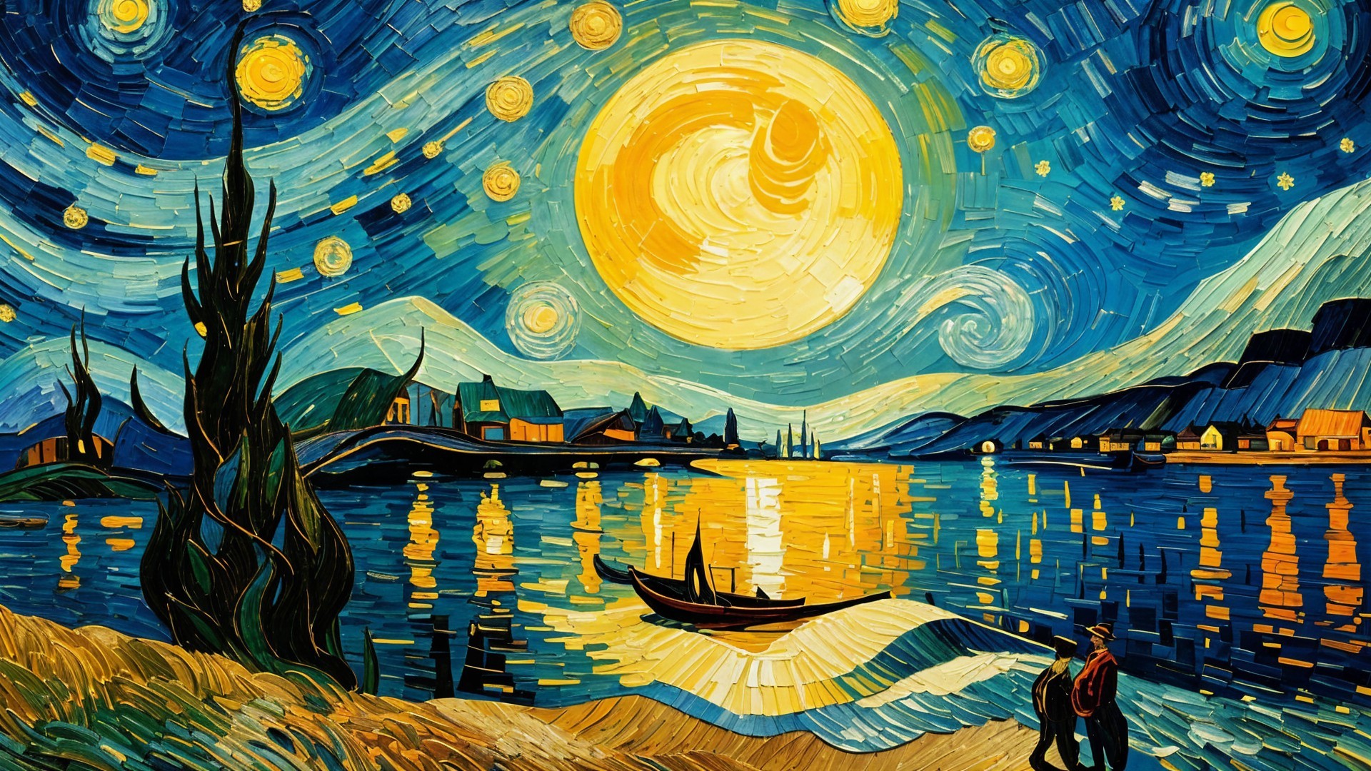 Vibrant Night Scene with Moonlit Lake and Silhouettes