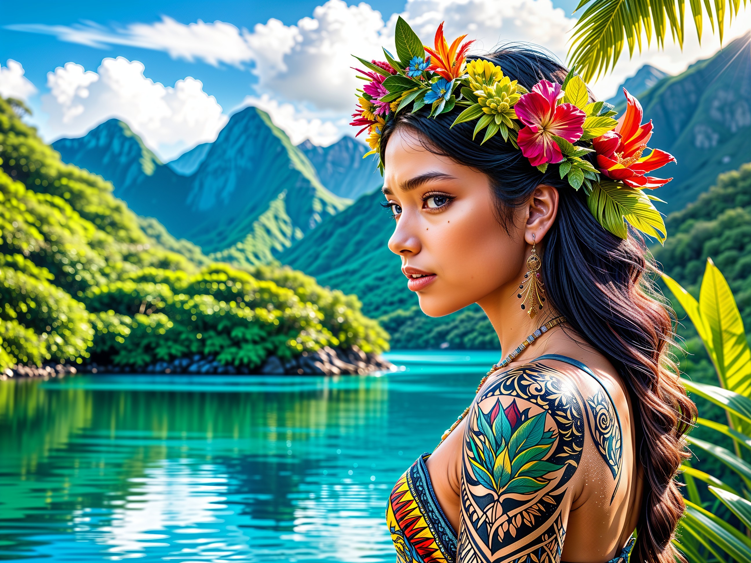 Young Woman in Floral Crown by Turquoise Lake